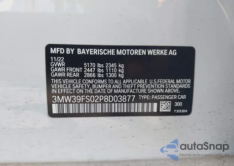 2023 BMW 3 Series 330E xDrive из США, поврежденный, VIN 3MW39FS02P8D03877